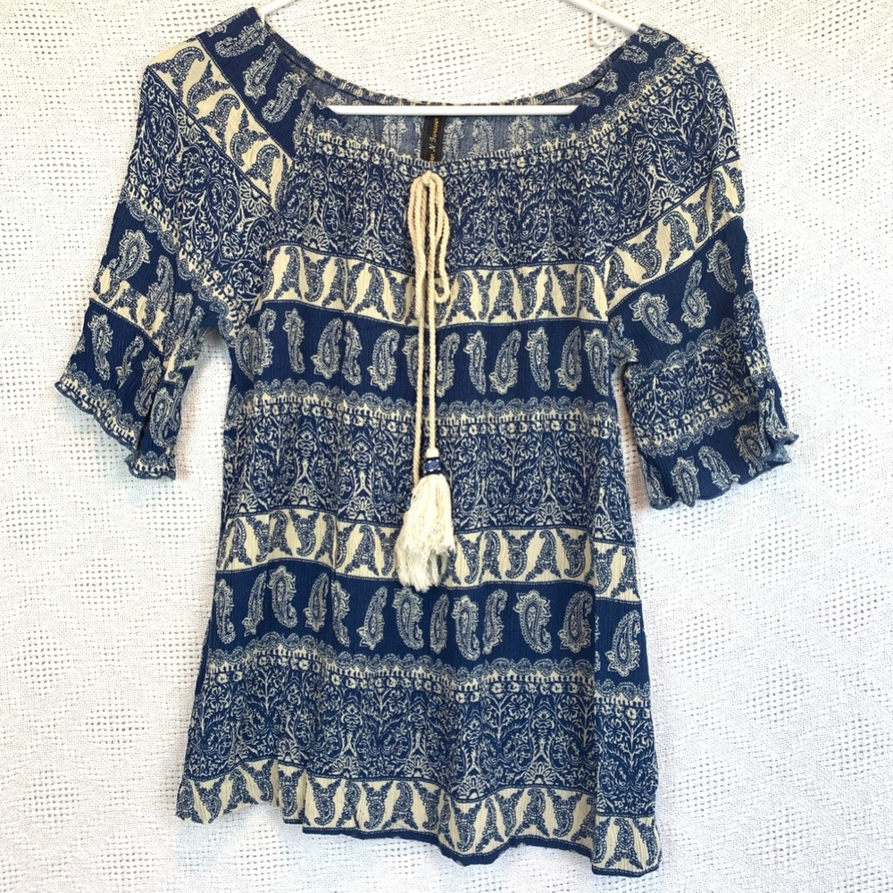 now n forever blue cream paisley pattern tunic shirt sleeve small tassels boho